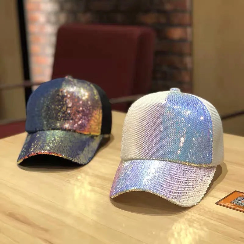 "Shine Bright in 2020 with our Sequin Ponytail Baseball Cap - Perfect for Outdoor Activities!"